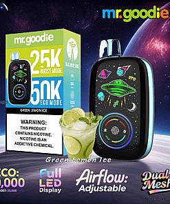 Advertisement for mr.goodie Green Lemon Ice vape featuring a device with a UFO and space-themed design, its packaging, a glass of green lemon ice drink, and highlights such as dual mode, 50,000 puffs in eco mode, adjustable airflow, full LED display, and a nicotine warning.