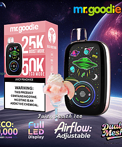 Advertising image for mr.goodie Juicy Peach Ice disposable vape featuring product packaging, a space-themed vape device with colorful alien and UFO graphics, a peach ice dessert, and highlighted features like dual mode options, adjustable airflow, and LED display.