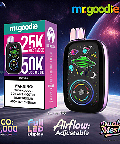 Colorful advertisement for the Mr. Goodie vape device showing the product with a space-themed design, highlighting features like dual mode with 25,000 puffs in boost mode and 50,000 puffs in eco mode, adjustable airflow, full LED display, and dual mesh, along with a nicotine warning label.