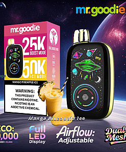 Promotional image for mr.goodie Mango Pineapple Ice vape, showing the device with a space-themed design, product box, smoothie, and features like eco and boost puff modes, full LED display, adjustable airflow, and dual mesh technology, set against a cosmic background.