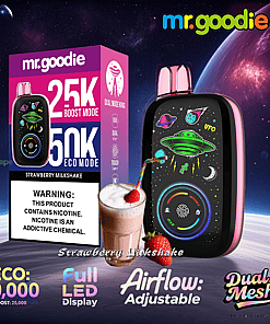 Mr.goodie strawberry milkshake flavored vape packaging and device with space-themed design, strawberry milkshake glass, and features like adjustable airflow and full LED display highlighted against a cosmic background.