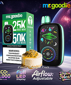 Promotional image for mr.goodie vanilla passion fruit vape featuring a green sci-fi themed vape device and packaging, a cheesecake slice topped with passion fruit, and product highlights such as 50,000 puffs in eco mode, adjustable airflow, full LED display, and dual mesh technology, set against a space-themed background.