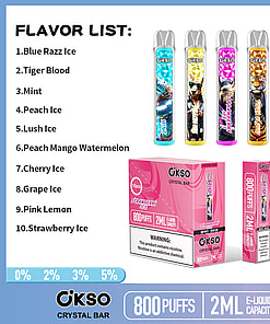 Ökso Crystal Bar disposable vape flavors list with ten options, images of five vape pens in different colors, and product packaging showing 800 puffs and 2ml e-liquid capacity.