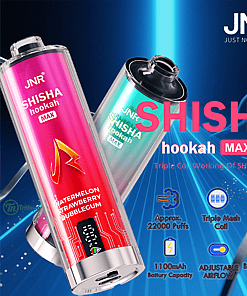 Advertising image for JNR Shisha Hookah Max disposable vape devices, featuring colorful vape pens, product features including 22,000 puffs, triple mesh coil, 29ml e-liquid, 1100mAh battery, adjustable airflow, and battery/liquid display, with prominent branding and flavor information (watermelon, strawberry, bubblegum).