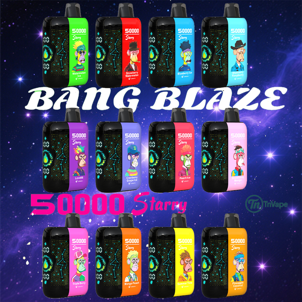 Display of colorful Bang Blaze 50000 Starry vape devices in various flavors with animated character designs on each label, set against a starry cosmic background.