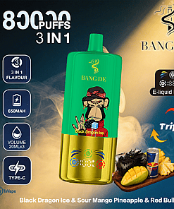 Promotional image for Bang De disposable vape featuring a green and gold device with a cartoon ape, highlighting 8000 puffs, 3-in-1 flavors (Black Dragon Ice, Sour Mango Pineapple, Red Bull), e-liquid display, 650mAh battery, and USB Type-C charging; fruit and energy drink images emphasize the flavors.