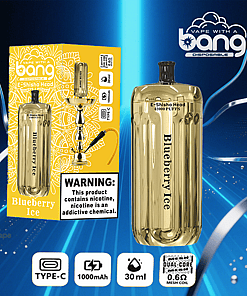 Bang Disposable vape device and packaging for Blueberry Ice flavor, featuring gold design, shisha illustration, and product details including nicotine warning, 1000mAh battery, 30ml capacity, and Type-C charging.