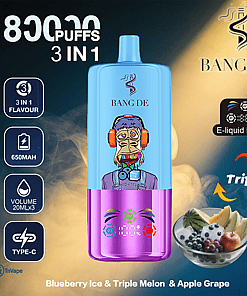 Colorful Bang De disposable vape device featuring digital e-liquid display and 3-in-1 flavors of blueberry ice, triple melon, and apple grape, shown with a fruit bowl and promotional text highlighting 8000 puffs and other features.
