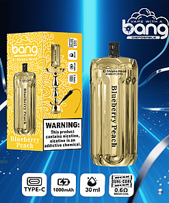 Bang Disposable E-Shisha Head vape device with Blueberry Peach flavor packaging, showing product features like 1000mAh battery, 30ml capacity, and a warning about nicotine content.
