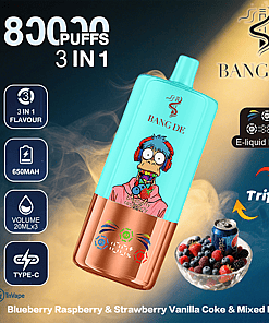 Promotional image for BANG DE vape device featuring a cartoon bird wearing headphones, product features like 8000 puffs and triple flavors, and images of berries and a can of soda representing blueberry raspberry, strawberry vanilla coke, and mixed berry flavors.