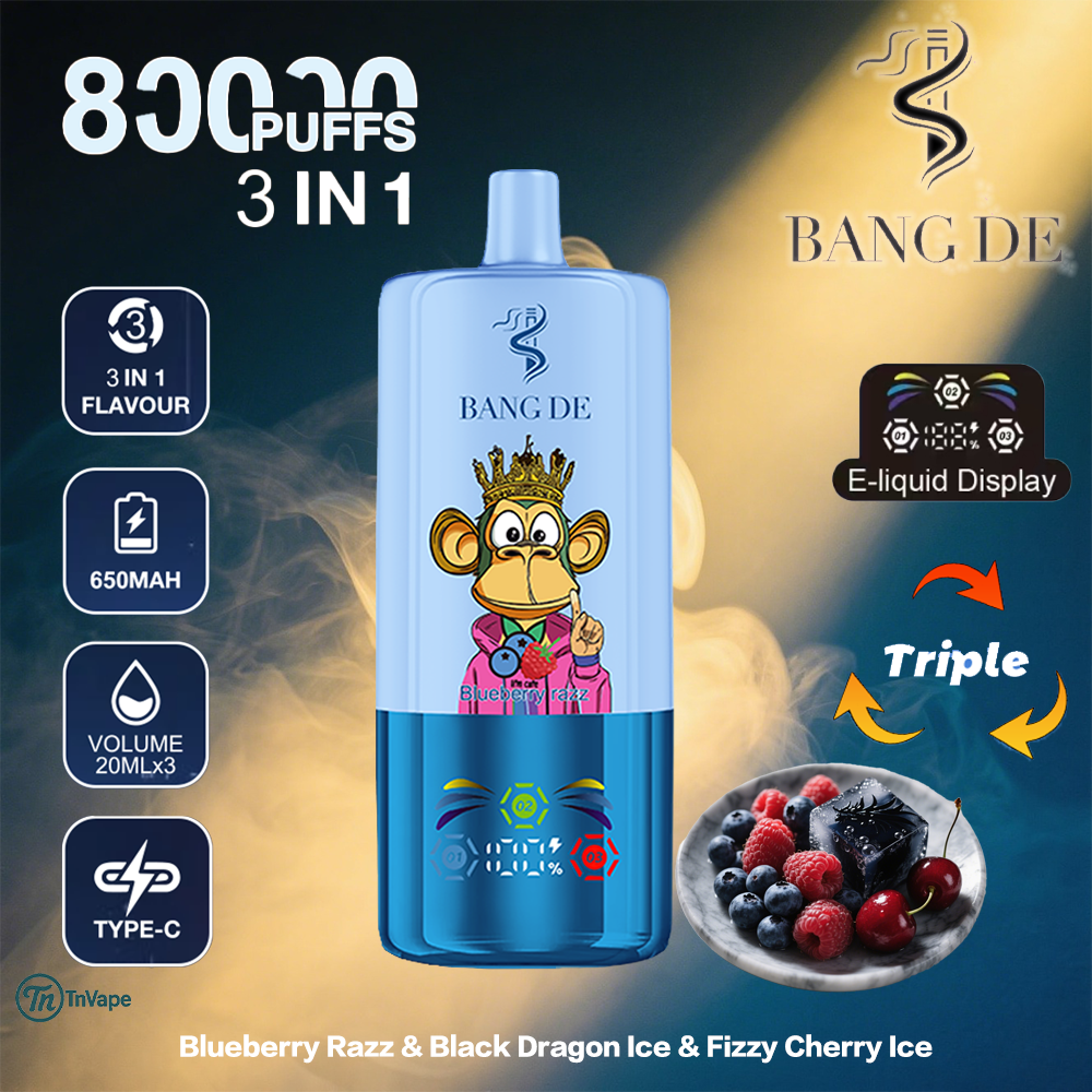 Bang DE vape device with a cartoon monkey wearing a crown, featuring 8000 puffs, 3-in-1 flavors (Blueberry Razz, Black Dragon Ice, Fizzy Cherry Ice), 650mAh battery, 60ml total volume, and e-liquid display, shown with a bowl of assorted berries and ice.
