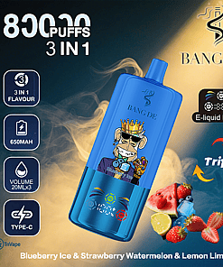 Promotional image for BANG DE 3-in-1 disposable vape featuring 8000 puffs, e-liquid display, 650mAh battery, and flavors Blueberry Ice, Strawberry Watermelon, and Lemon Lime, shown with a blue vape device decorated with a crowned cartoon monkey and illustrated fruit.