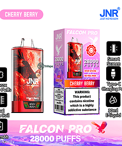 JNR Falcon Pro Cherry Berry disposable vape device and packaging, featuring a red design with an eagle graphic, marketing highlights for 28,000 puffs, 950 mAh battery, dual mesh coil, 30ml e-liquid, smart screen, Type-C charging port, and a nicotine addiction warning.