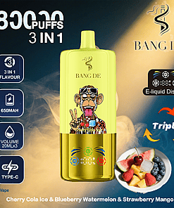 Promotional image for BANG DE 3-in-1 vape featuring a yellow device with a cartoon ape, offering 8000 puffs, 650mAh battery, Type-C charging, e-liquid display, and three flavors: Cherry Cola Ice, Blueberry Watermelon, and Strawberry Mango.