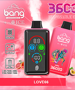Colorful advertisement for a 'bang' disposable vape device called LOVE66, featuring two vape devices with digital displays, bold text highlighting 36,000 puffs, ice flavor, fingerprint pressure regulation, dual oil tanks, and a 850mAh battery on a pink background with fruit illustrations.