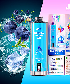 JNR Shisha Hookah Max Blueberry Ice disposable vape and packaging with images of blueberries, ice cubes, and a splash of water, highlighting the blueberry ice flavor and nicotine warning.