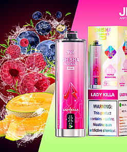 JNR Shisha Hookah Max vape device and its colorful packaging labeled 'Lady Killa', displayed alongside splashes of blueberries, raspberries, and cantaloupe, highlighting fruit flavors and a nicotine warning.