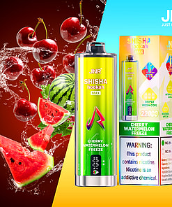 JNR Shisha Hookah Max Cherry Watermelon Freeze vape device and packaging, with images of cherries and watermelons splashing in water, and a nicotine warning label.