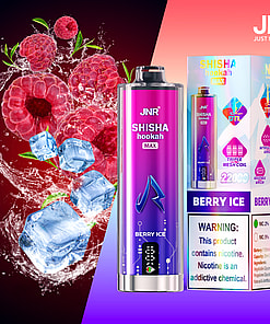 Promotional image for JNR Shisha Hookah Max Berry Ice flavor, featuring a vape device, product packaging, floating raspberries and ice cubes, and a nicotine warning label.