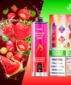 JNR Shisha Hookah Max vape device and packaging in watermelon strawberry bubblegum flavor, displayed with strawberries, watermelon slices, and colorful bubblegum candies, featuring product details and a nicotine warning.