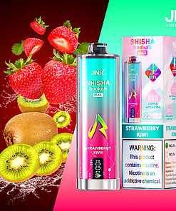JNR Shisha Hookah Max Strawberry Kiwi vape product with its packaging, surrounded by fresh strawberries and kiwis on a colorful background, featuring nicotine warning and product details.
