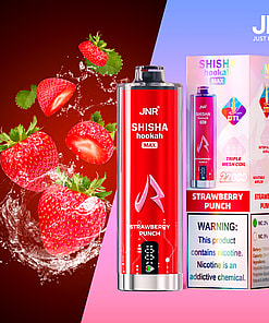 JNR Shisha Hookah Max disposable vape in Strawberry Punch flavor, shown with its packaging and fresh strawberries splashing in water, highlighting nicotine warning and key product features.