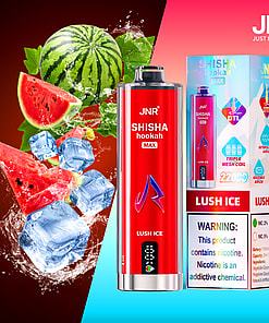 JNR Shisha Hookah Max vape device and packaging with 'Lush Ice' flavor, featuring watermelon slices, ice cubes, and product warnings about nicotine content.
