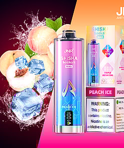 JNR SHISHA hookah MAX Peach Ice disposable vape device and packaging, with peaches, ice cubes, and water splash in the background, highlighting the peach ice flavor and nicotine content warning.