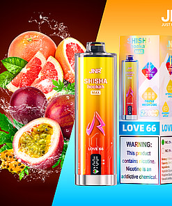 Colorful JNR Shisha Hookah Max vape device and packaging with images of grapefruit and passion fruit, highlighting the 'Love 66' flavor and product warnings about nicotine content.