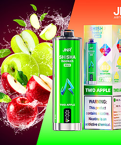 Promotional image featuring JNR Shisha Hookah Max vape device and packaging in the Two Apple flavor, set against a backdrop of splashing green and red apples with water, product details, and a nicotine warning label.
