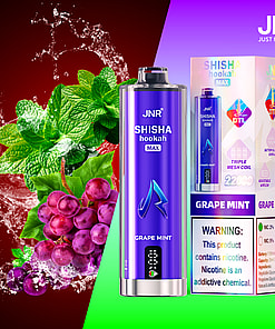 JNR SHISHA hookah MAX Grape Mint disposable vape device and packaging, featuring purple and blue branding, warning label about nicotine, and images of fresh mint leaves and purple grapes with a splash of liquid in the background.