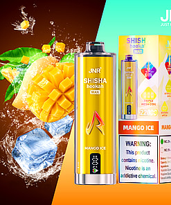 JNR Shisha Hookah Max Mango Ice disposable vape device and packaging, featuring a yellow design with promotional text, accompanied by vibrant images of mango cubes, ice, and splashing water, with a nicotine warning label visible on the box.
