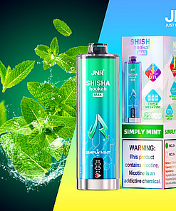 JNR Shisha Hookah Max disposable vape device in Simply Mint flavor, shown with its packaging featuring mint leaves, health warning about nicotine, and images emphasizing key features such as triple mesh coil and battery capacity.