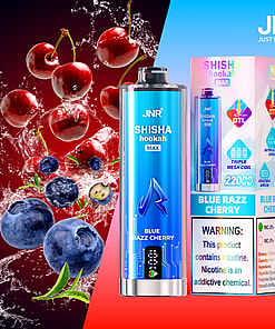 Promotional image of a JNR Shisha Hookah Max vape in Blue Razz Cherry flavor, with the device and its packaging displayed alongside splashing cherries and blueberries on a colorful background.