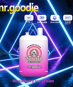 Promotional image for a mr.goodie vape device in a pink gradient labeled 'Strawberry Ice Cream', with features including 20,000 puffs, one extra pod, Type-C charging, 650mAh battery, 20ml + 20ml e-liquid, and sub-ohm mesh coil against a neon geometric background.