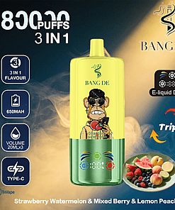 Promotional image for BANG DE disposable vape featuring 8000 puffs, 3-in-1 flavors (strawberry watermelon, mixed berry, lemon peach), e-liquid display, 650mAh battery, 20ml x3 volume, Type-C charging, and a cartoon monkey holding a watermelon slice on the device design.