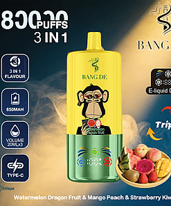 Colorful vape device with a cartoon monkey, labeled Bang De, featuring 8000 puffs, 3-in-1 flavor (Watermelon Dragon Fruit, Mango Peach, Strawberry Kiwi), 650mAh battery, e-liquid display, and images of assorted fruits.