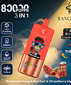 Promotional image for BANG DE 3-in-1 disposable vape featuring a red device with a cartoon ape, highlighting 8000 puffs, 650mAh battery, 20ml e-liquid per flavor, triple flavor options (watermelon ice, Red Bull, strawberry kiwi), and type-C charging.
