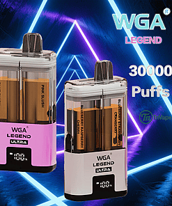 Two WGA Legend Ultra vaping devices with transparent liquid chambers and digital displays, labeled with different flavors, set against a neon geometric background with text highlighting '30000 Puffs.'
