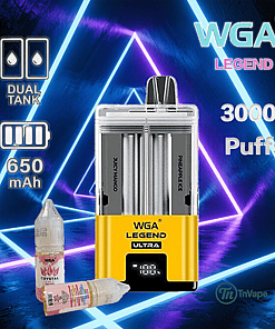 Promotional image for the WGA Legend Ultra vape device featuring a dual tank system, 650mAh battery, 30,000 puff capacity, and e-liquid bottles, set against a neon geometric background.