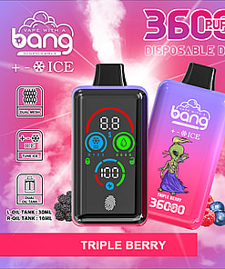 Promotional image for a Bang disposable vape device in triple berry flavor, featuring two devices with bright gradient colors, digital display, alien character illustration, berry visuals, and icons highlighting dual mesh, ice tuning, dual oil tank, fingerprint pressure regulation, 850mAh battery, and Type-C charging.