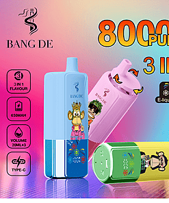 Advertisement for BANG DE 3-in-1 vape devices featuring cartoon ape graphics, promoting 80,000 puffs, 3-in-1 flavor options, 650mAh battery, 20ml x3 volume, and Type-C charging, with a colorful gradient background.