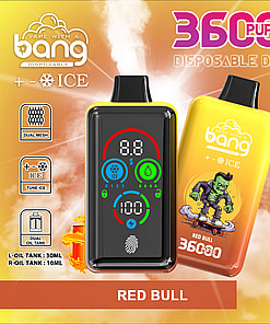 Promotional image for a Bang disposable vape device in the Red Bull flavor, featuring a digital display, yellow and black coloring, vaping features like dual mesh, fingerprint pressure regulation, and a cartoon green monster skateboarding on the product packaging.