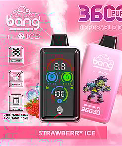 Advertisement for Bang disposable vape in strawberry ice flavor, featuring two vape devices—one displaying a digital screen with controls and the other decorated with a cartoon zombie—set against a pink background with features such as 36,000 puffs, dual mesh, dual oil tank, fingerprint pressure regulation, 850mAh battery, and Type-C charging.