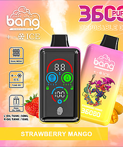 Promotional image for a Bang disposable vape device in strawberry mango flavor, featuring dual mesh, dual oil tank, fingerprint pressure regulation, Type-C charging, a digital display, and 36,000 puffs, with a vibrant pink and yellow background and illustrated character.