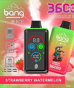 Colorful advertisement for the Bang disposable vape device featuring 36,000 puffs, STRAWBERRY WATERMELON flavor, and ice option, showcasing device features like a digital display, fingerprint pressure regulation, dual mesh coil, dual oil tank, 850mAh battery, and a cartoon skater graphic on the device.