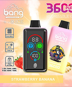 Strawberry banana flavored disposable vape devices with digital display, fingerprint control, and product features highlighted, including 36000 puffs, dual mesh, dual oil tank, and 850mAh battery.