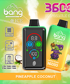 Promotional image for a Bang disposable vape device in pineapple coconut flavor, featuring two colorful vape units with digital displays, product features, a goblin illustration, and images of pineapple and coconut.