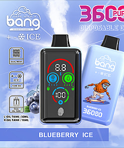 Promotional graphic for Bang Disposable vaporizer in Blueberry Ice flavor, featuring a close-up of the device with digital display, blueberry and ice imagery, and highlighted features such as 36,000 puffs, fingerprint pressure regulation, dual oil tanks, and 850mAh battery.