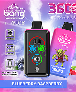Promotional image for a 'Bang Disposable' vape device featuring two colorful vape devices, one displaying a digital screen and the other showing a goblin graphic, with blueberry and raspberry illustrations and text highlighting 'Blueberry Raspberry' flavor, 36000 puffs, dual mesh, dual oil tank, fingerprint pressure regulation, and Type-C charging.
